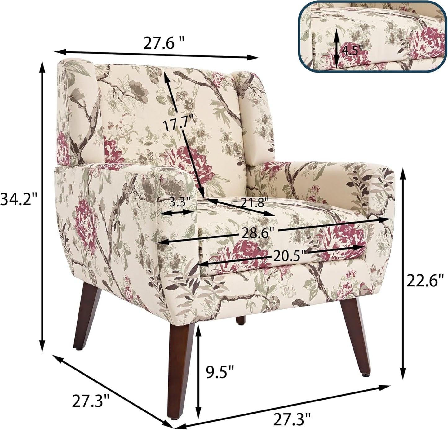 UIXE Floral Accent Chair, Modern Upholstered Armchair in Fabric for Living Room, Comfy Club Arm