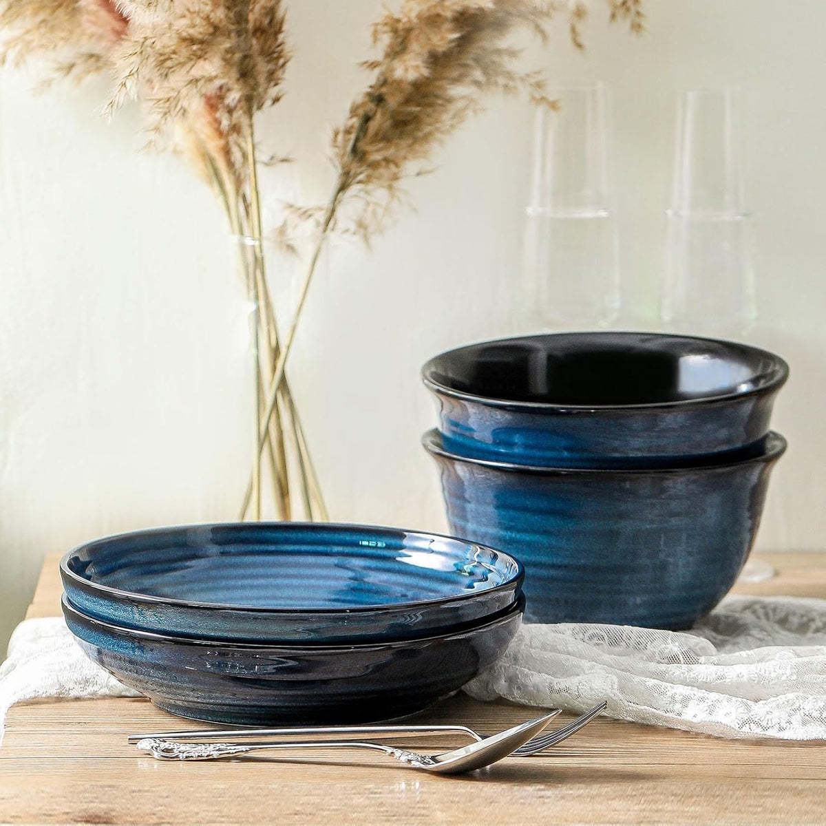 Pasta Bowls 32 OZ,Ceramic Salad Serving Bowls Set of 4,Large 8.7 inch Shallow Bowls Plates for