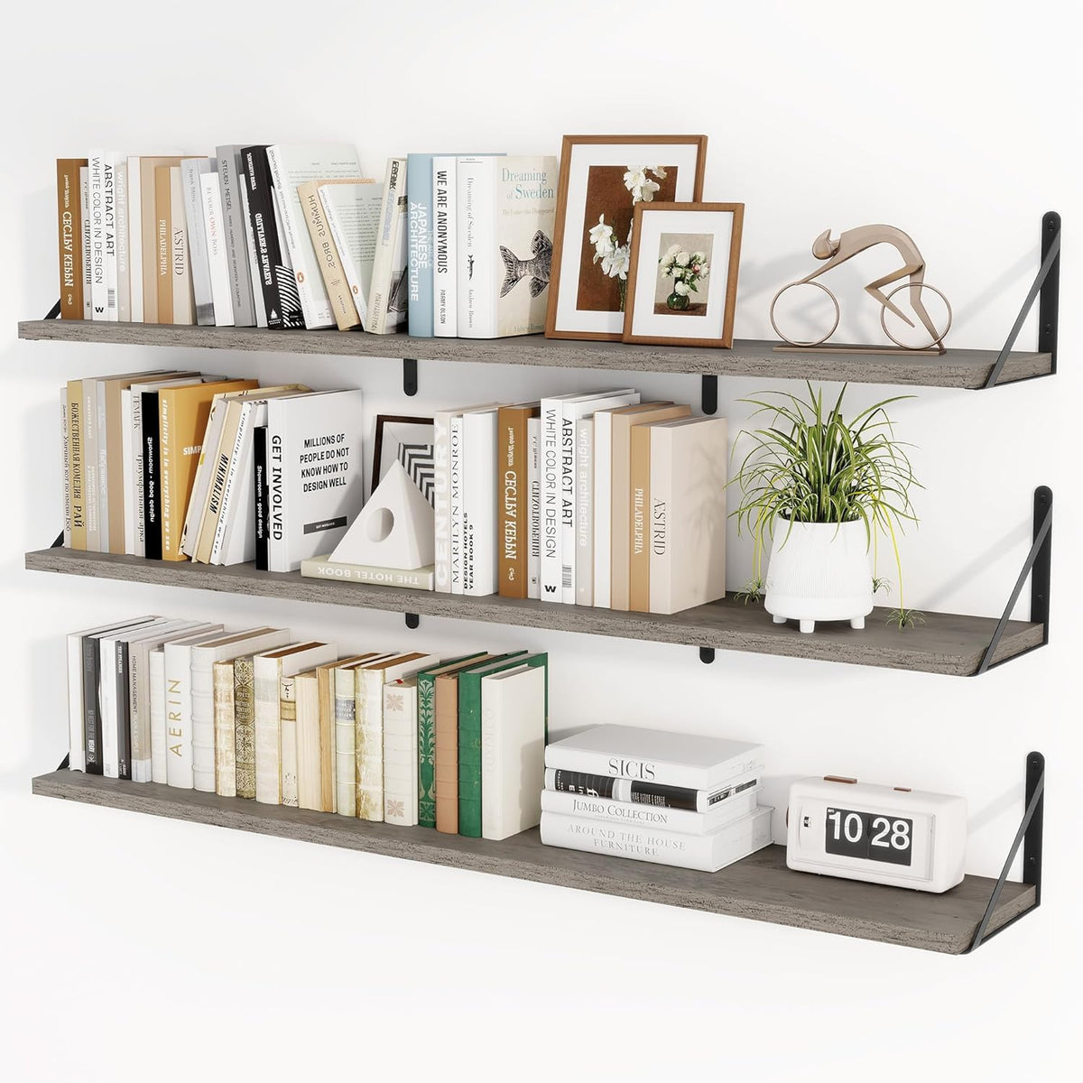 Heimlove 48 Inch Large Floating Bookshelves Set of 3,Wall Mounted Bookshelves,Heavy Duty Bracket