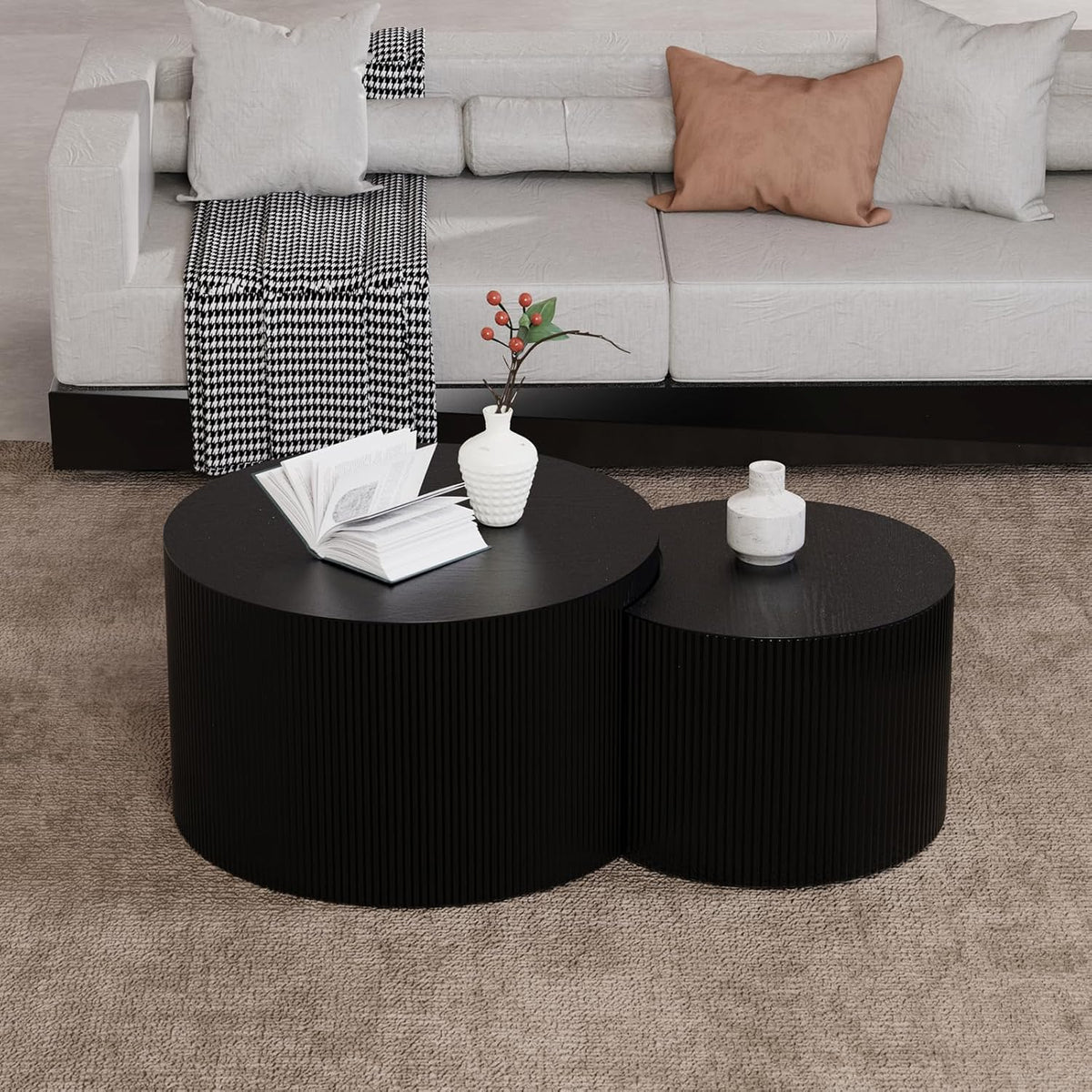 Round Nesting Coffee Table Wood Drum Nesting Tables Modern Stacking Coffee Table Set of 2 Fluted