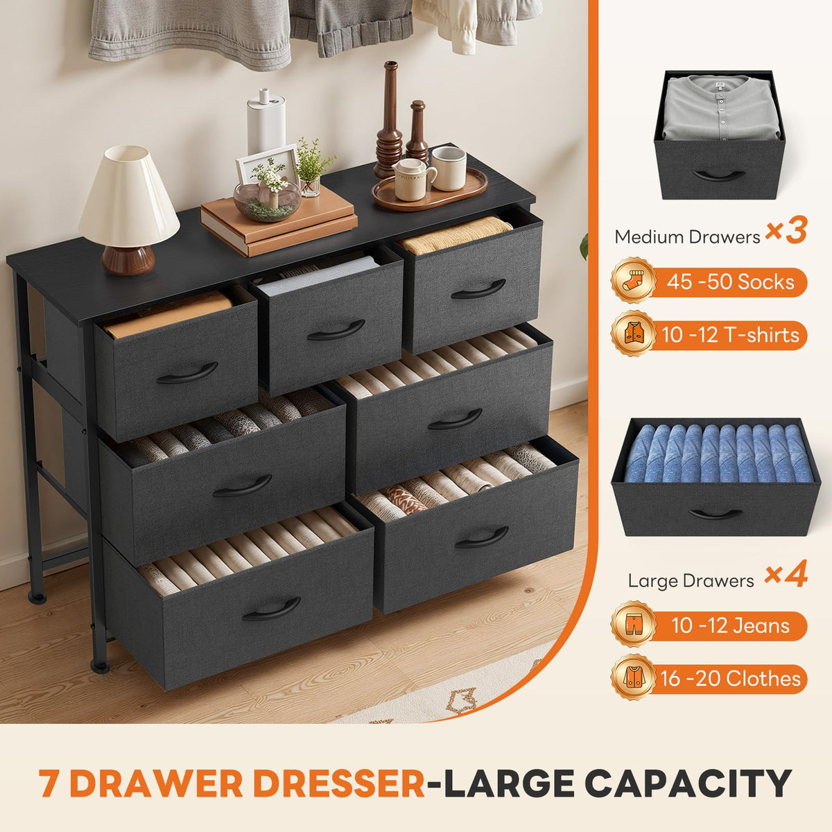 Sweetcrispy 7 Drawer Dresser for Bedroom Storage with Fabric Bins, Gray
