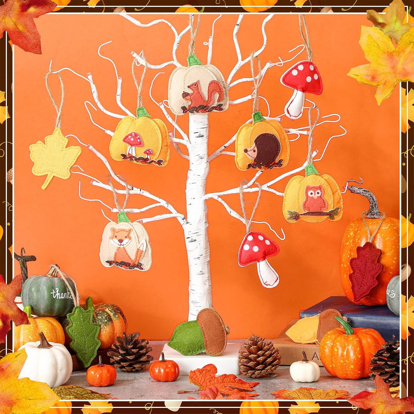 12 Pcs Fall Thanksgiving Tree Decoration 3D Felt Pumpkin Maple Leaf Hanging Felt Pumpkin Hanging