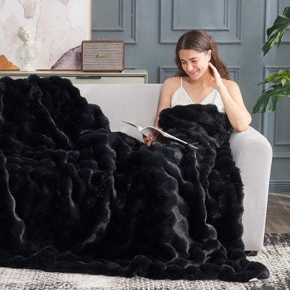 Cozy Bliss Faux Fur Throw Blanket for Couch, Fuzzy Soft Plush Thick Bubble Blanket for Sofa Bedroom