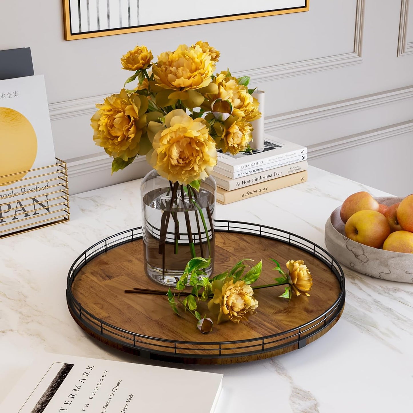 Farmhouse Oak 18" Lazy Susan Turntable Organizer for Cabinet, Round Wooden Lazy Susan Organization