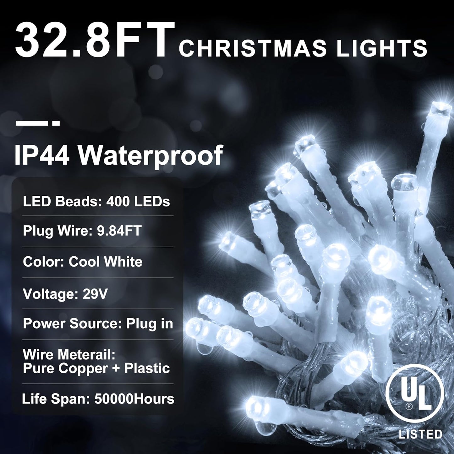 KNONEW Christmas Lights Outdoor Decorations 400 LED 33ft 8 Modes Curtain Fairy String Light with 75