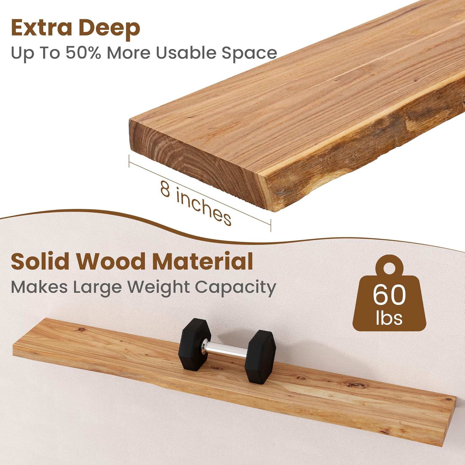 Floating Shelves for Wall Decor, Rustic Solid Elm Wood Live Edge Floating Shelves Wall Mounted