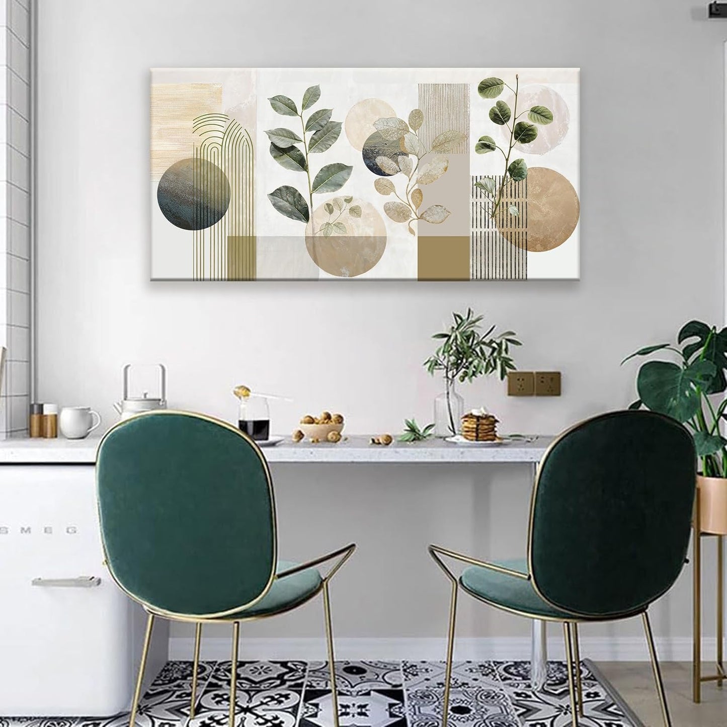 TAIJXAGSG Green Boho Wall Art Minimalist Canvas Wall Art Decor Geometric Line Leaf Beige Green Wall