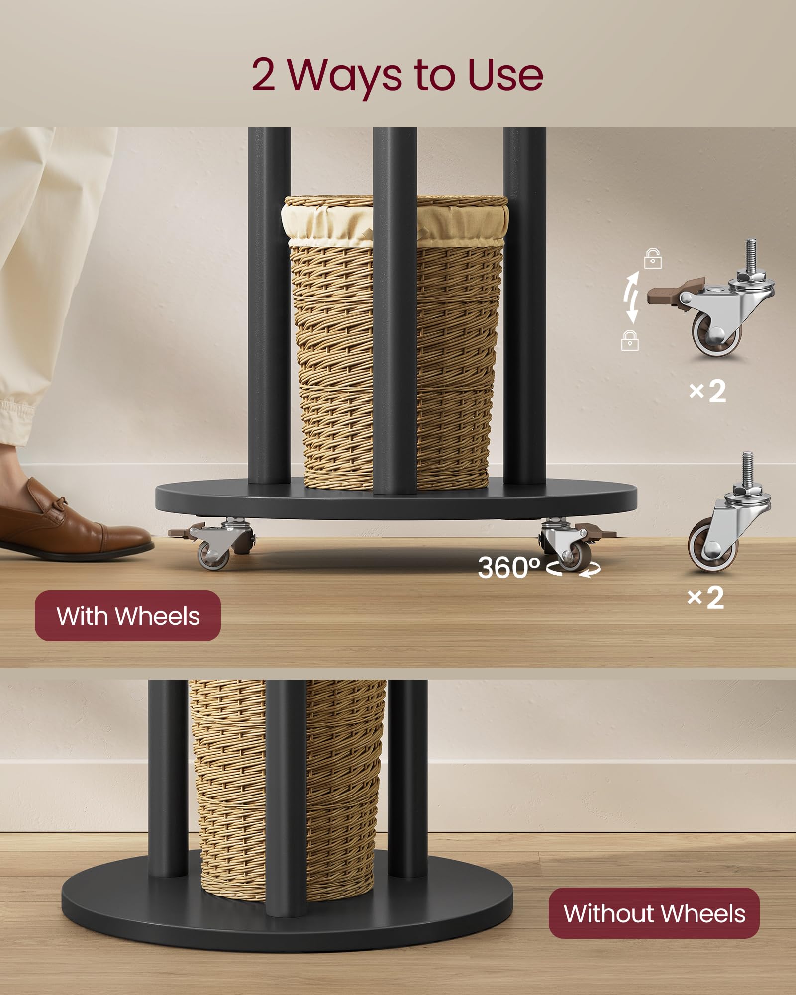 VASAGLE Freestanding Coat Rack Stand, Coat Tree with 11 Hooks, 3 Shelves, 4 Removable 360° Swivel
