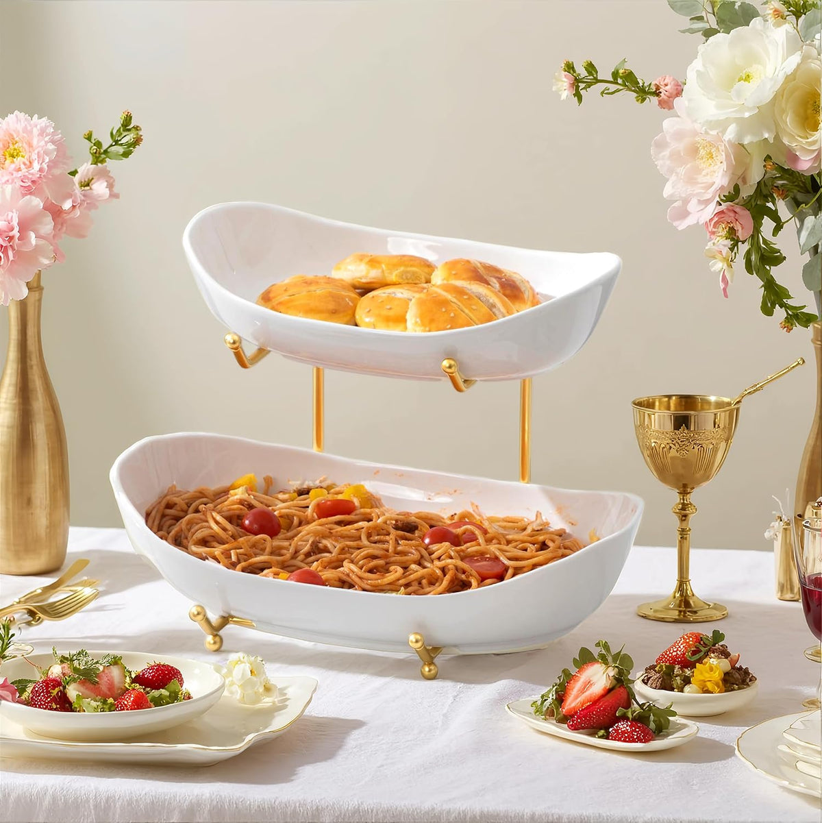 HBlife Extra Large Fruit Basket for Kitchen Counter - 2 Tier Ceramic Fruit Bowl with Metal Stand