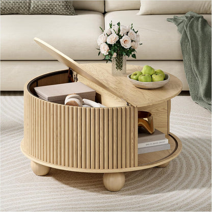 Round Coffee Table with Storage,Fluted Lift Up Coffee Table with Sliding Door,31.5" Drum Center