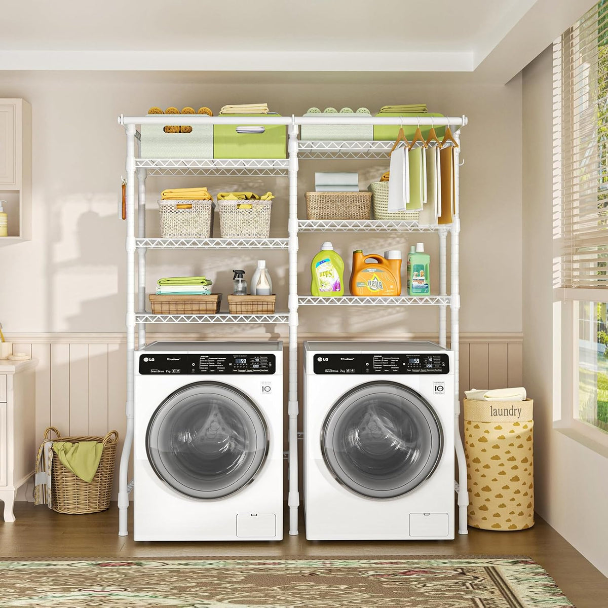 Ulif U13 Over Washer and Dryer Storage Shelves, 6 Tiers Laundry Room Standing Shelf with 2 Hanger