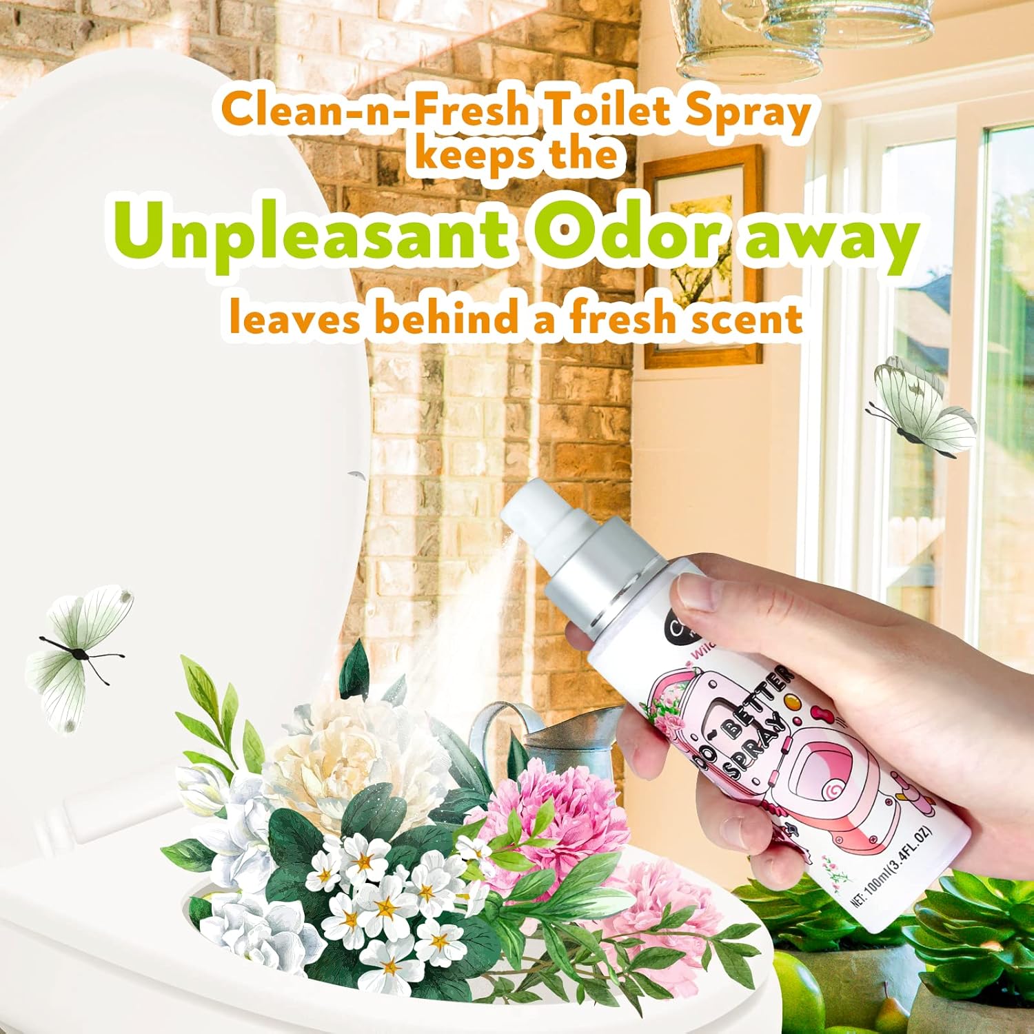Clean-n-Fresh Toilet Spray, Wild Peony Scent, Bathroom Odor Eliminator & Air Freshener For Room