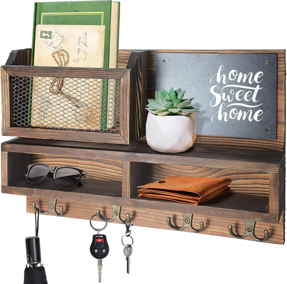 Key Holder for Wall, Mail Organizer Wall Mount with Key Hooks and Wallet Holder, Sunglasses Storage