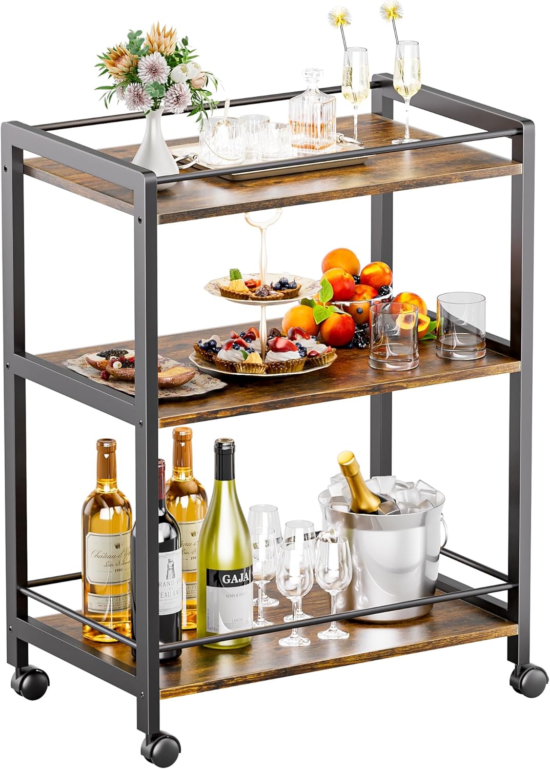 HITNET Bar Cart for The Home, Home Bar Serving Cart with Wheels and Storage Shelves, 3 Tier Rolling