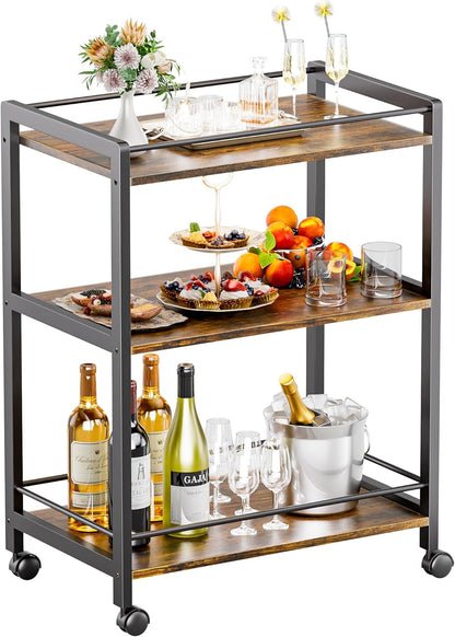 HITNET Bar Cart for The Home, Home Bar Serving Cart with Wheels and Storage Shelves, 3 Tier Rolling