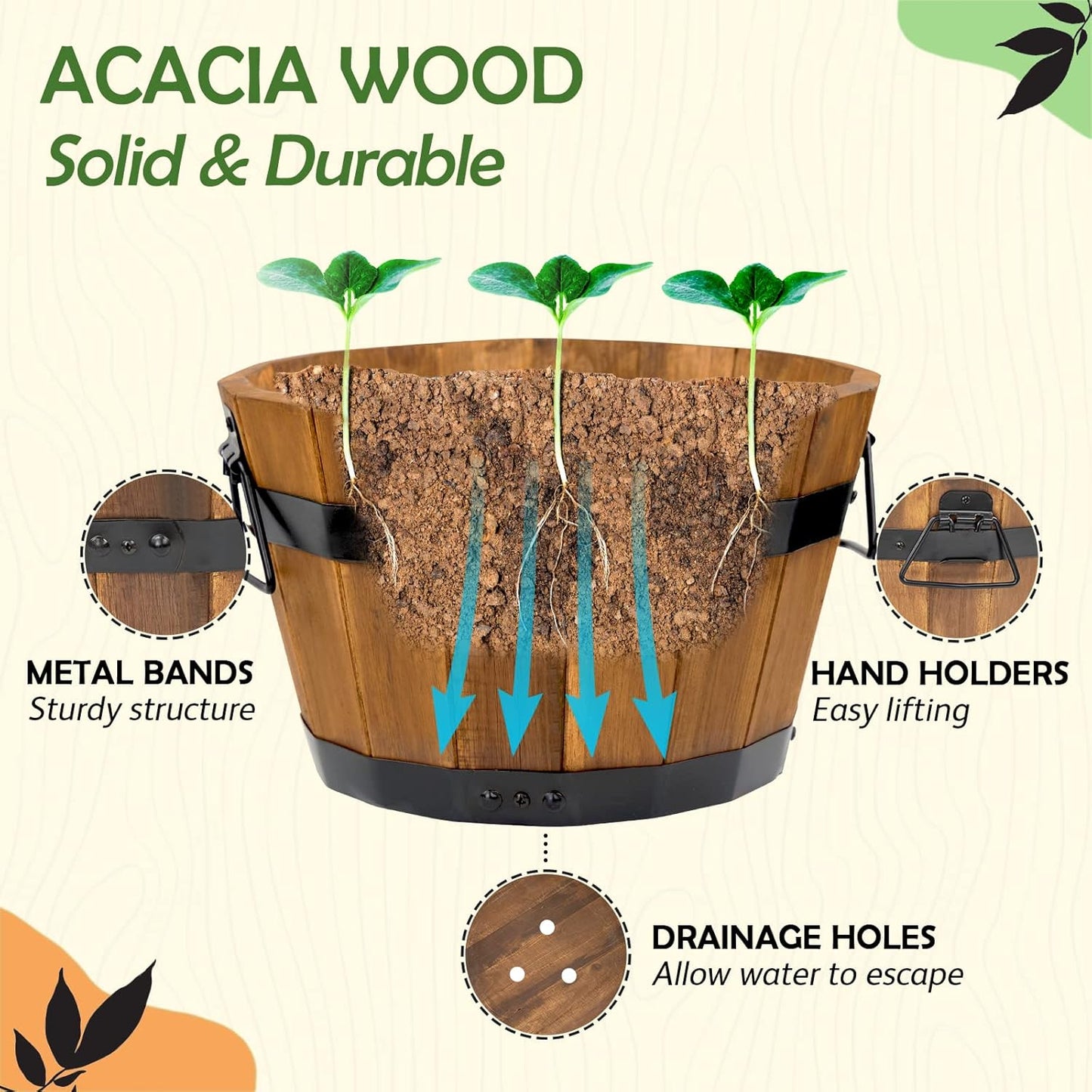 Idzo Set of 3 Wooden Flower Boxes Outdoor, Durable Acacia Wood Barrel Planters for Outdoor Plants
