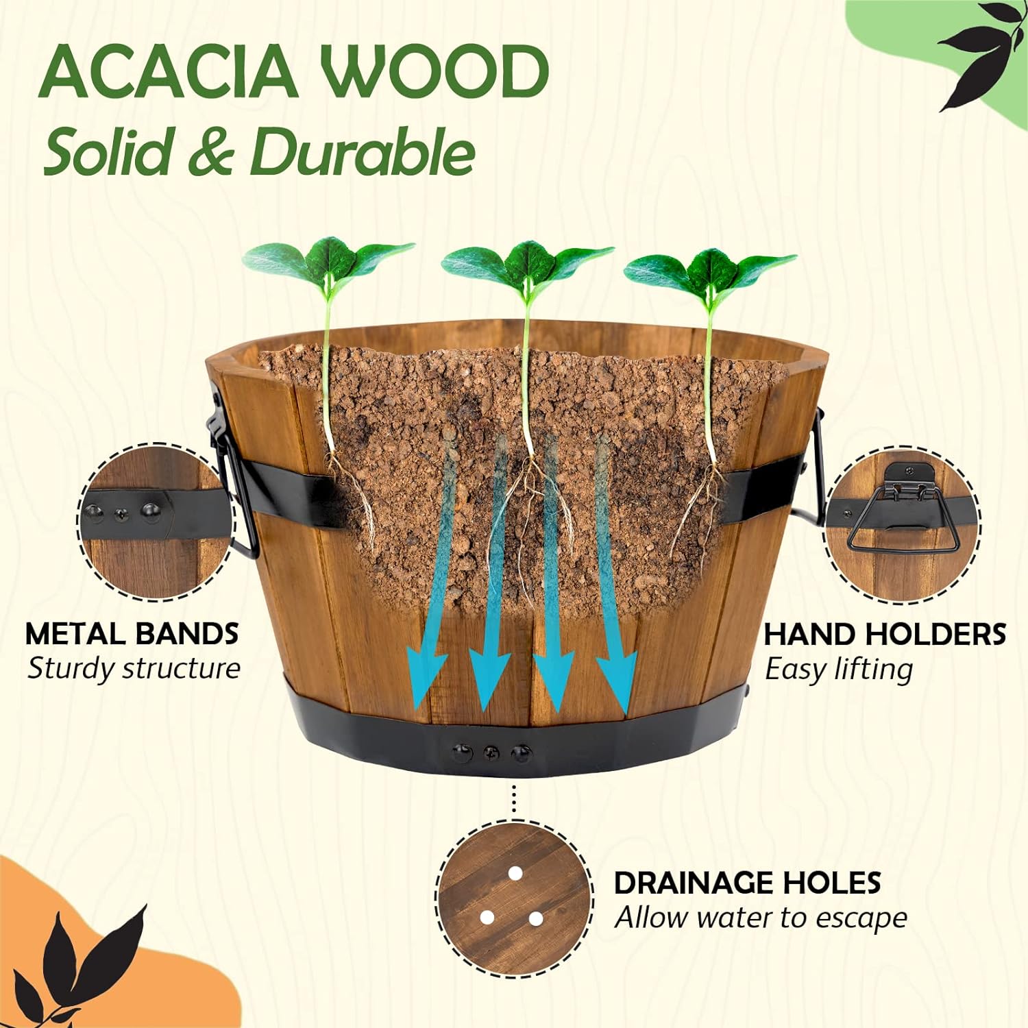 IDZO Set of 3 Wooden Flower Boxes Outdoor, Durable Acacia Wood Barrel Planters for Outdoor Plants