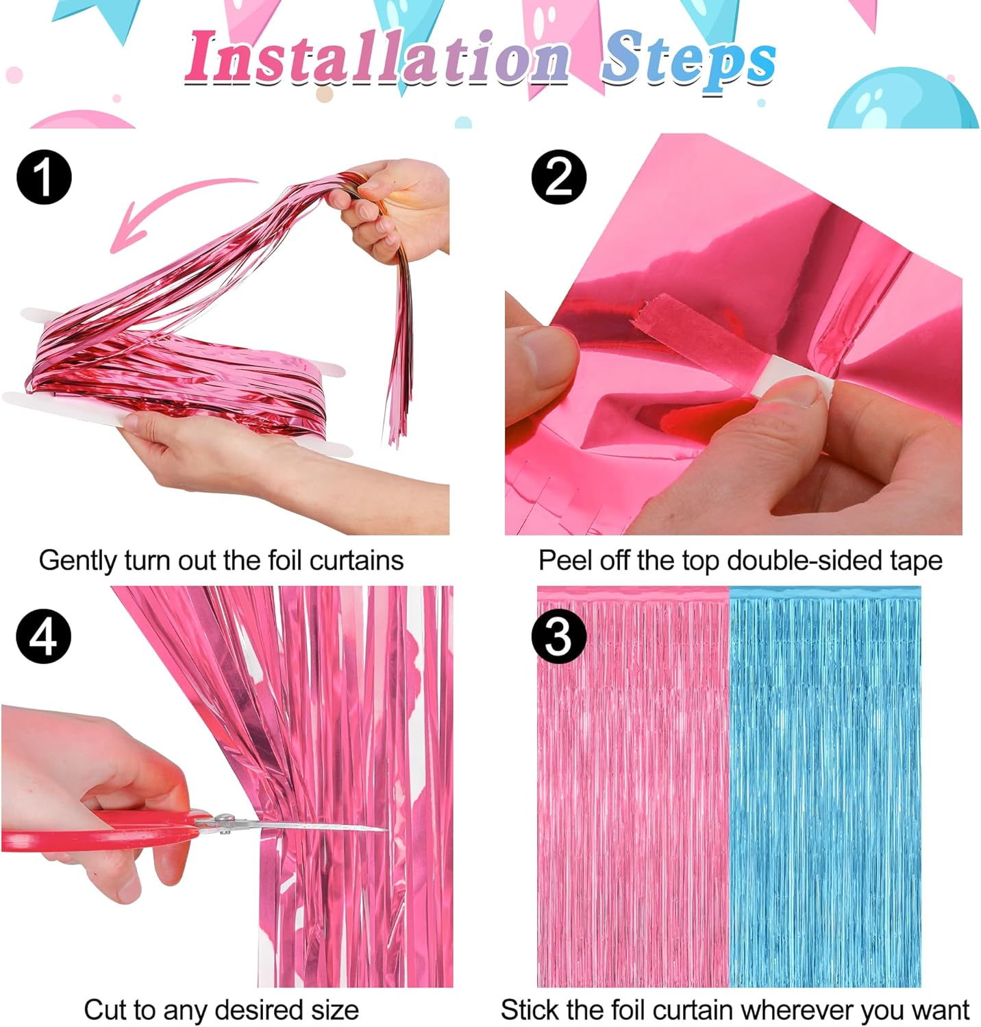 2 Pack Gender Reveal Decorations, 3.28 FT x 7.05 FT Pink and Blue Fringe Backdrop, Metallic Boy or