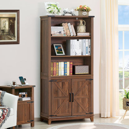 70in Tall Bookshelf 5 Tier Bookcase with Barn Doors and Adjustable Shelves, Brown Farmhouse Book