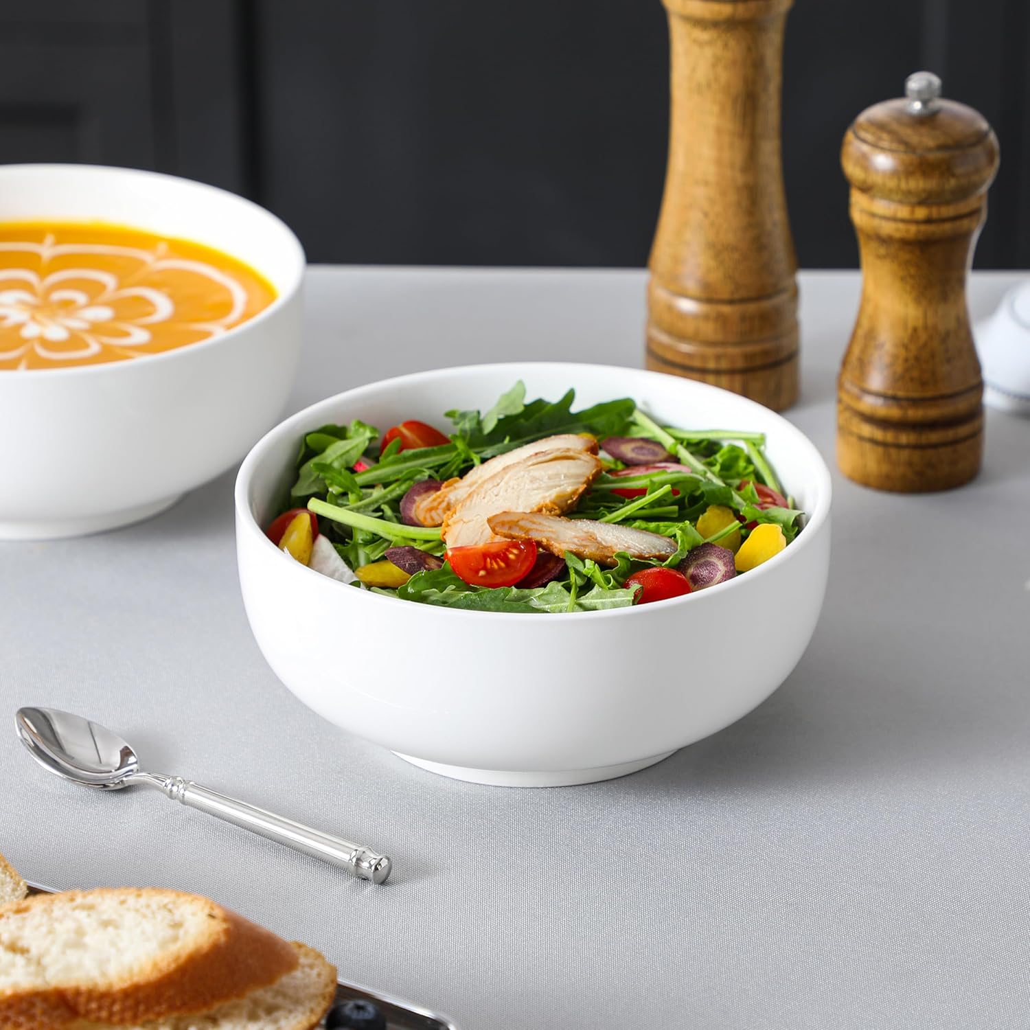 MALACASA Salad Bowls Set, 44 OZ (7") Large Soup Bowls Cereal Bowl for Kitchen, White Ceramic Bowls