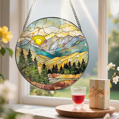Stained Glass Window Hanging - 8 Inch Mountain Range Suncatcher for Window Doors Home Decoration