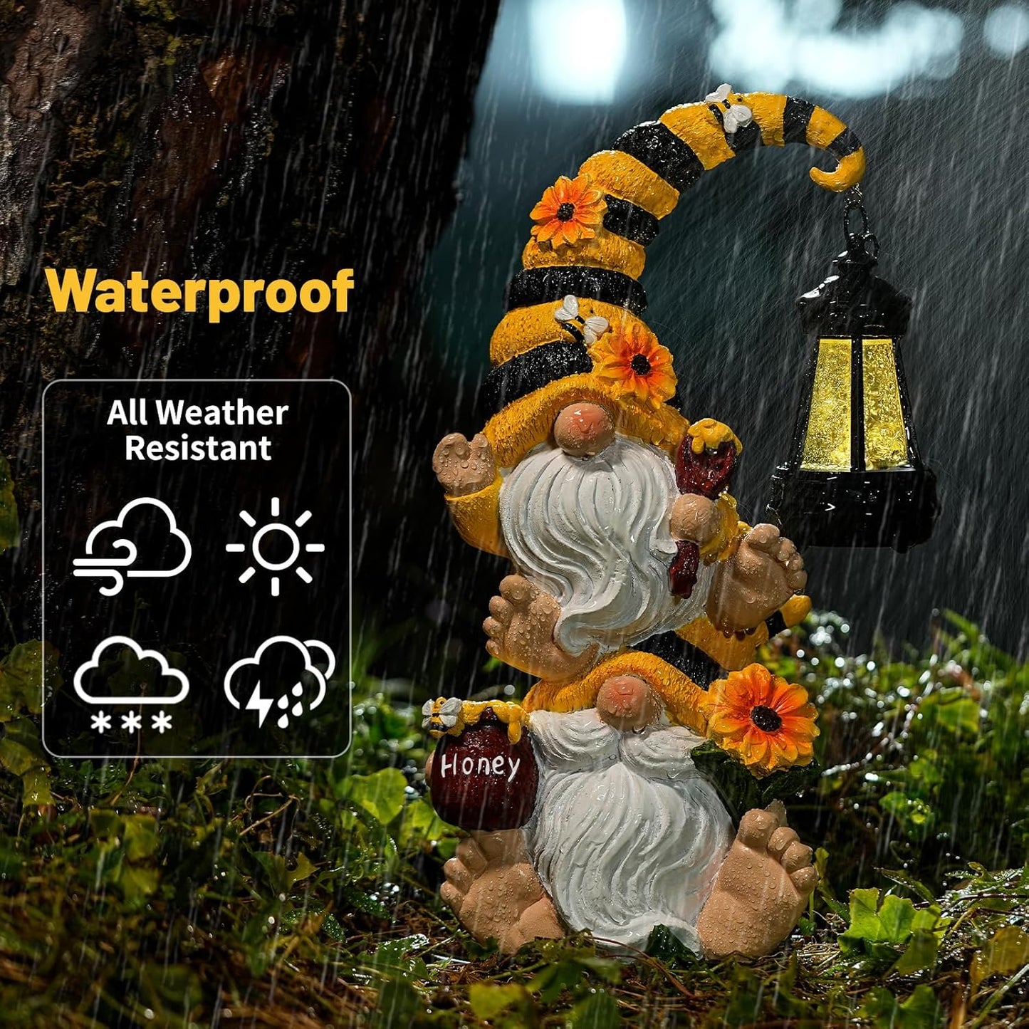 Solar Bee Garden Gnomes with LED Lantern – Waterproof Stacked Outdoor Decor for Yard, Patio