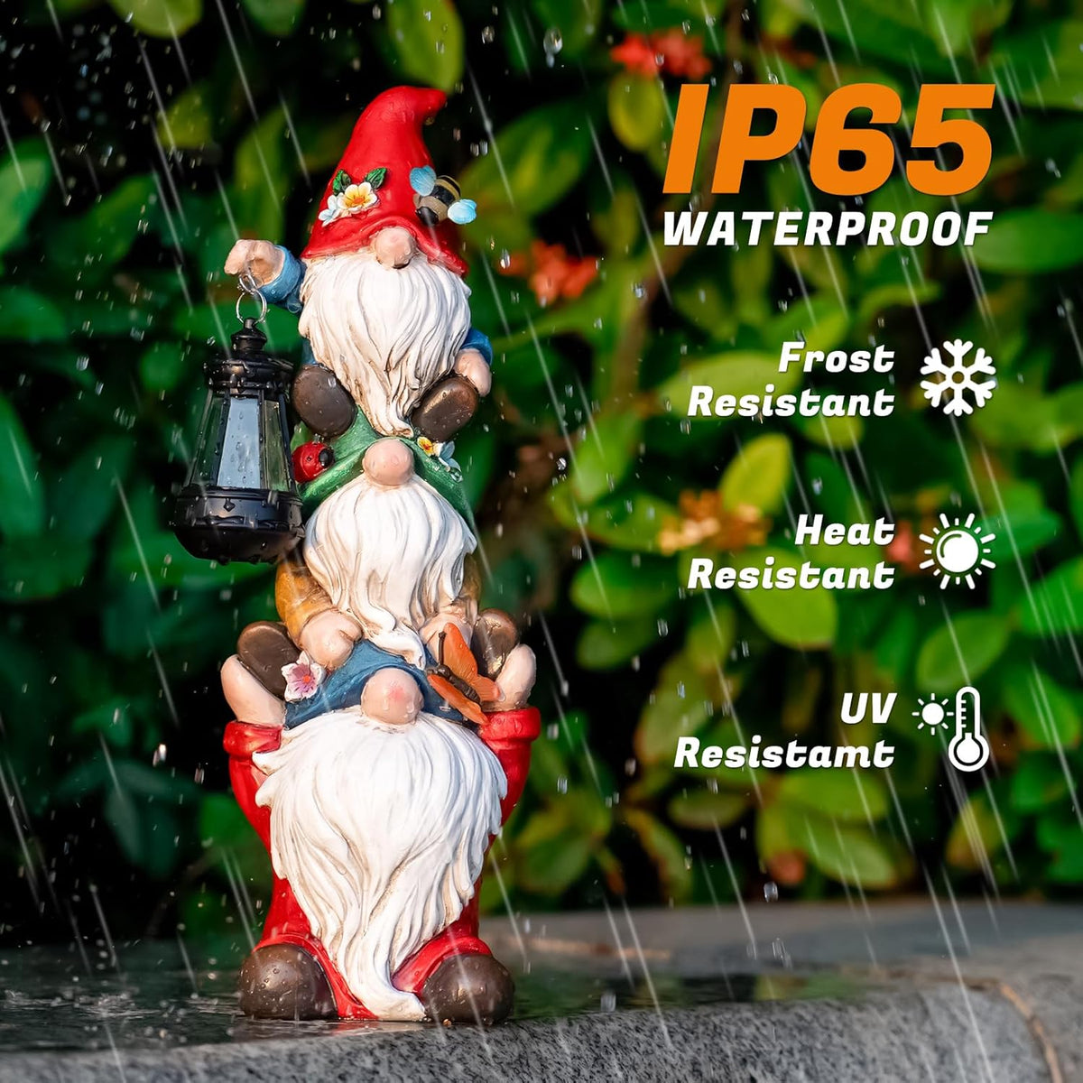 17 in Large Garden Gnome Statue with Solar Lights Sculptures Funny Triple Big Gnome Outdoor Patio