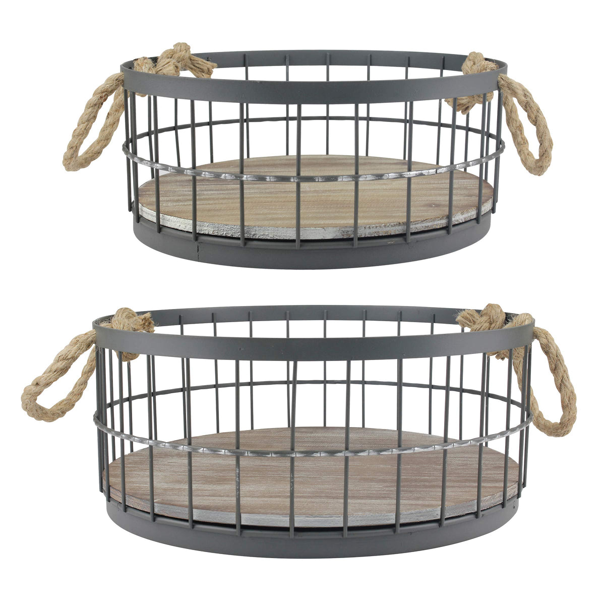 Stonebriar 2pc Round Stackable Metal Wire and Wood Basket Set with Rope Handles, Rustic Decor for