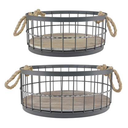 Stonebriar 2pc Round Stackable Metal Wire and Wood Basket Set with Rope Handles, Rustic Decor for