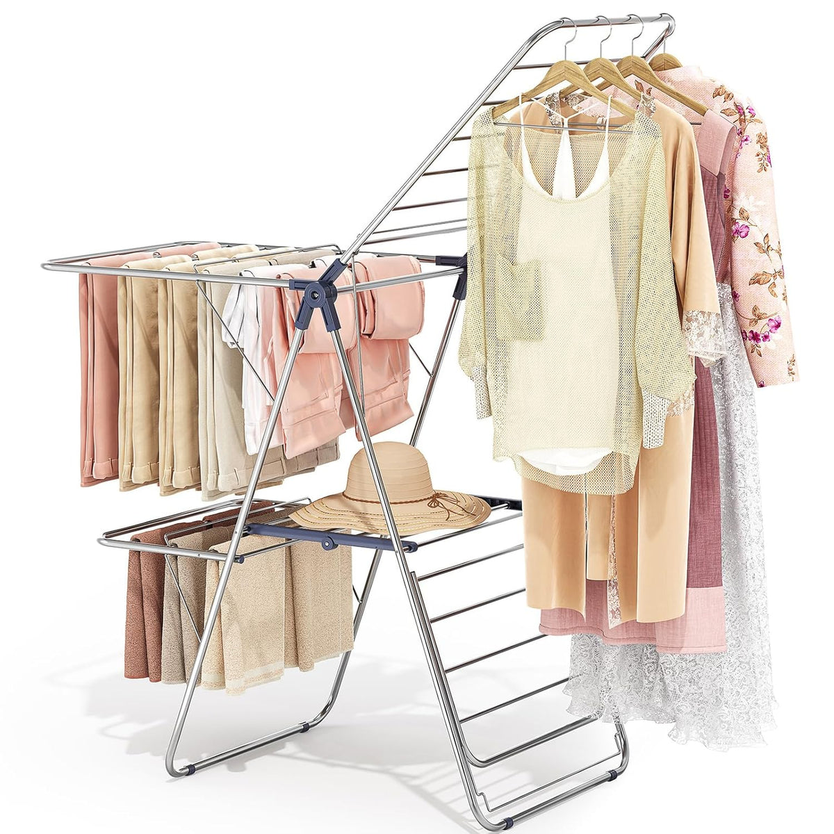 APEXCHASER Clothes Drying Rack with 4 Wings, Drying Rack Clothing with Height-Adjustable, Foldable