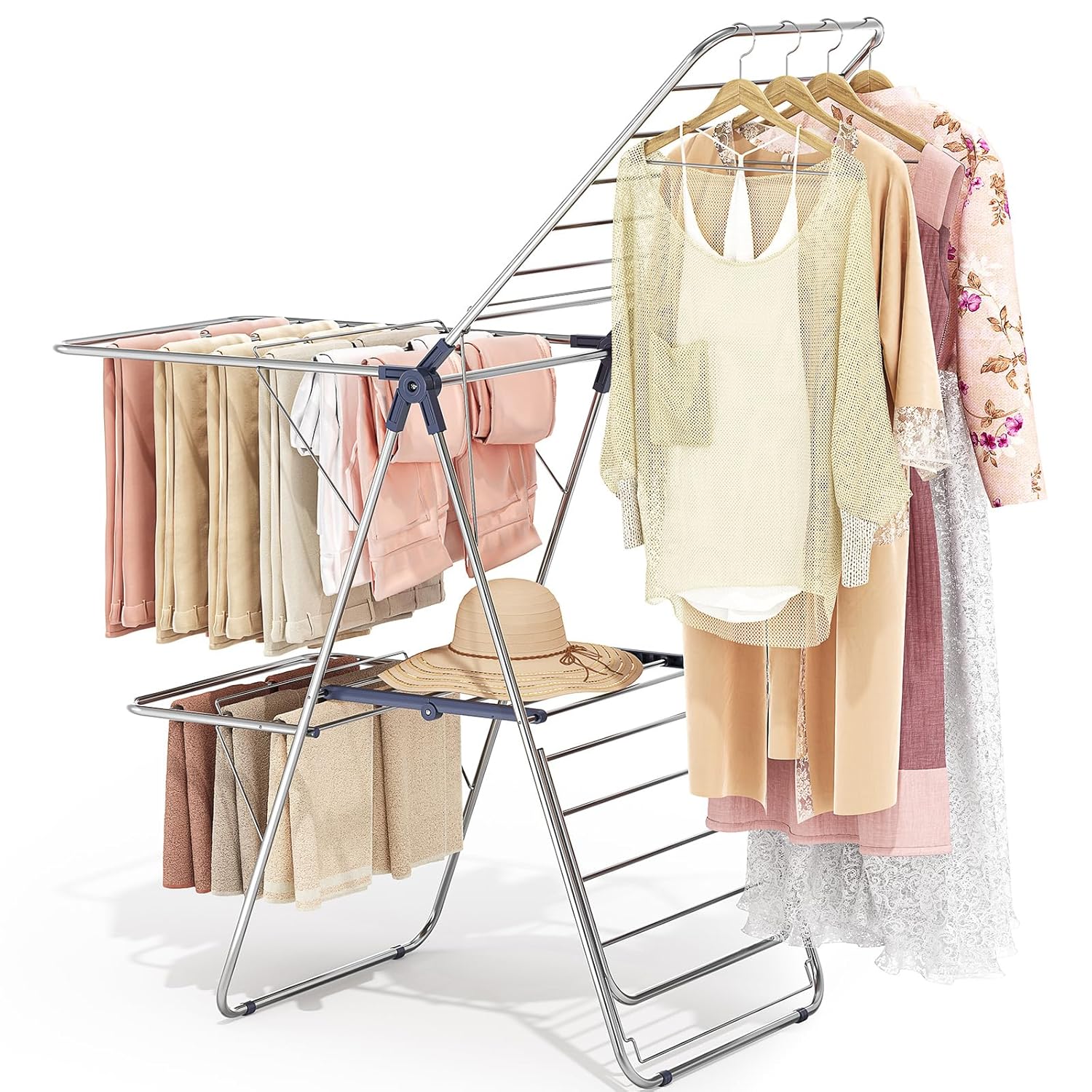 APEXCHASER Clothes Drying Rack with 4 Wings, Drying Rack Clothing with Height-Adjustable, Foldable