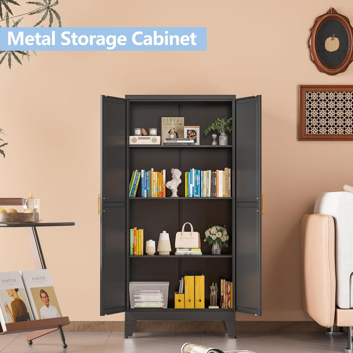 Black Metal Storage Cabinet, 48" Steel Cabinets for Home Office, Kitchen Pantry Storage Cabinet
