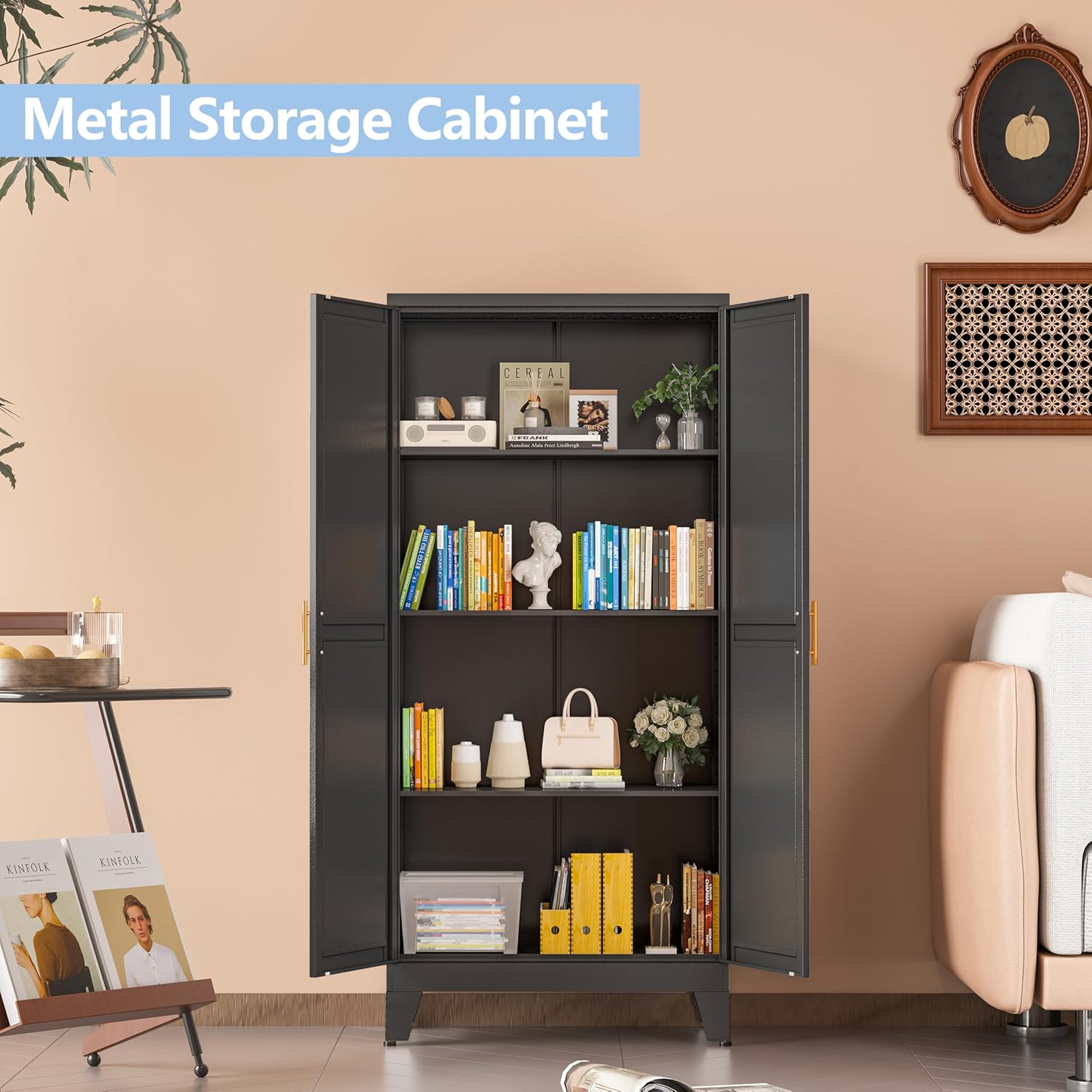 Black Metal Storage Cabinet, 48" Steel Cabinets for Home Office, Kitchen Pantry Storage Cabinet