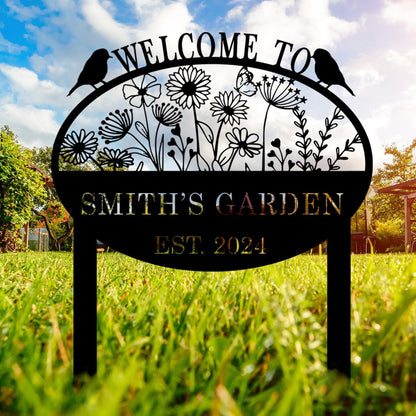 Custom Metal Flower Sign with Stakes - Personalized Garden Decor, Housewarming Gift - Large Yard