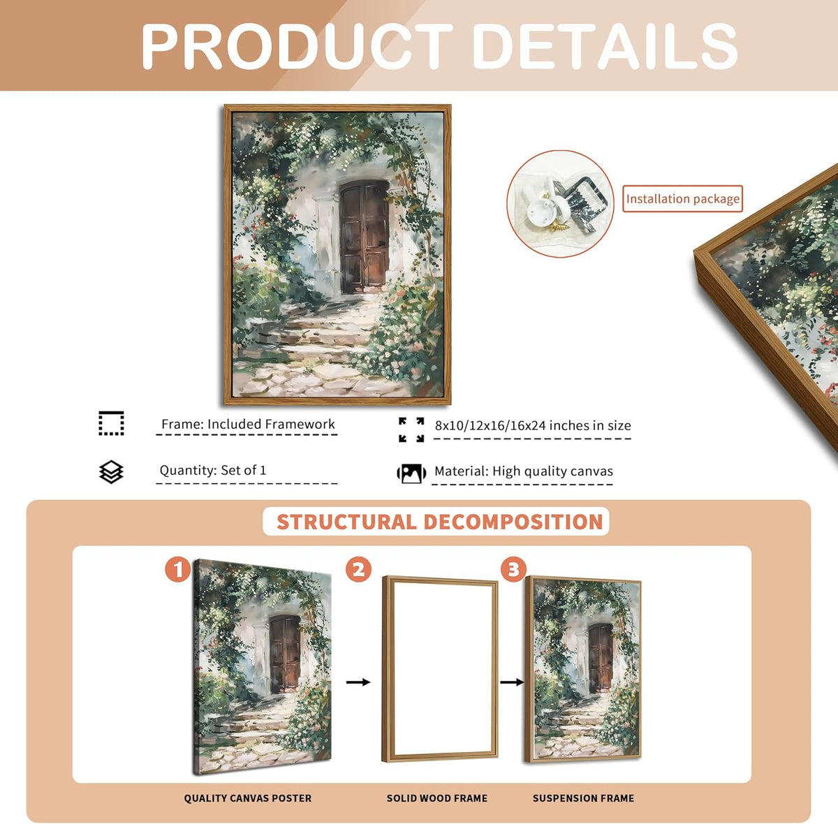 Floating Framed Canvas Vintage Wall Art, Rustic Cottage Spring Garden Oil Paintings Print, Country