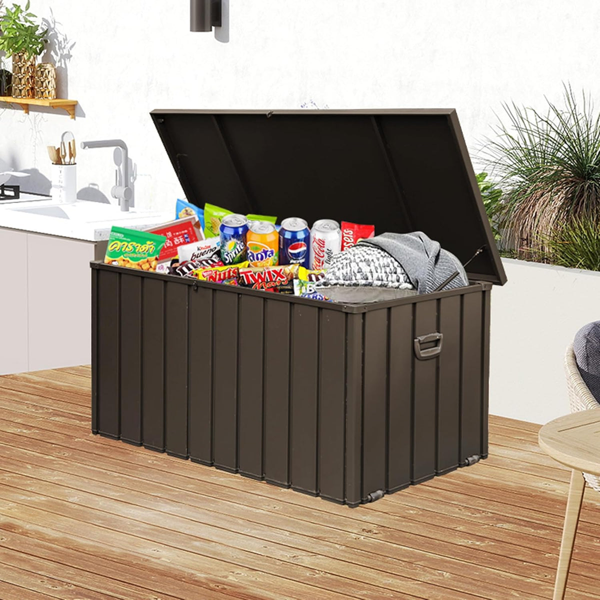 Domi 160 Gallon Deck Box, Outdoor Metal Lockable Storage Cabinet, Waterproof Steel Outdoor Bench