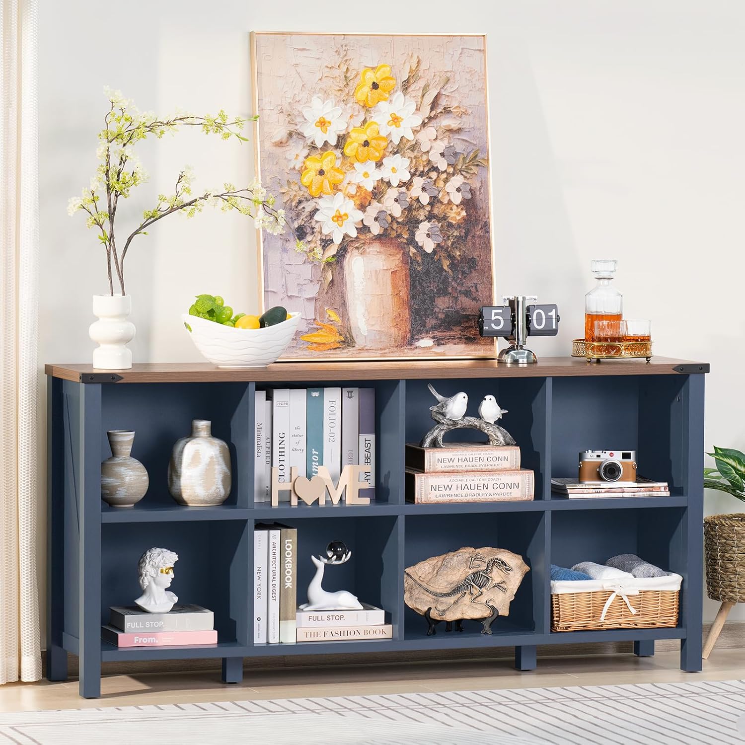 8 Cube Book Shelf, Farmhouse Wood Long Storage Organizer Bookcase, 62" Horizontal Navy Blue Console