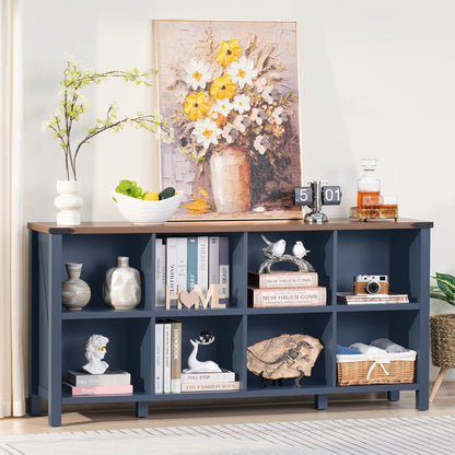 8 Cube Book Shelf, Farmhouse Wood Long Storage Organizer Bookcase, 62" Horizontal Navy Blue Console