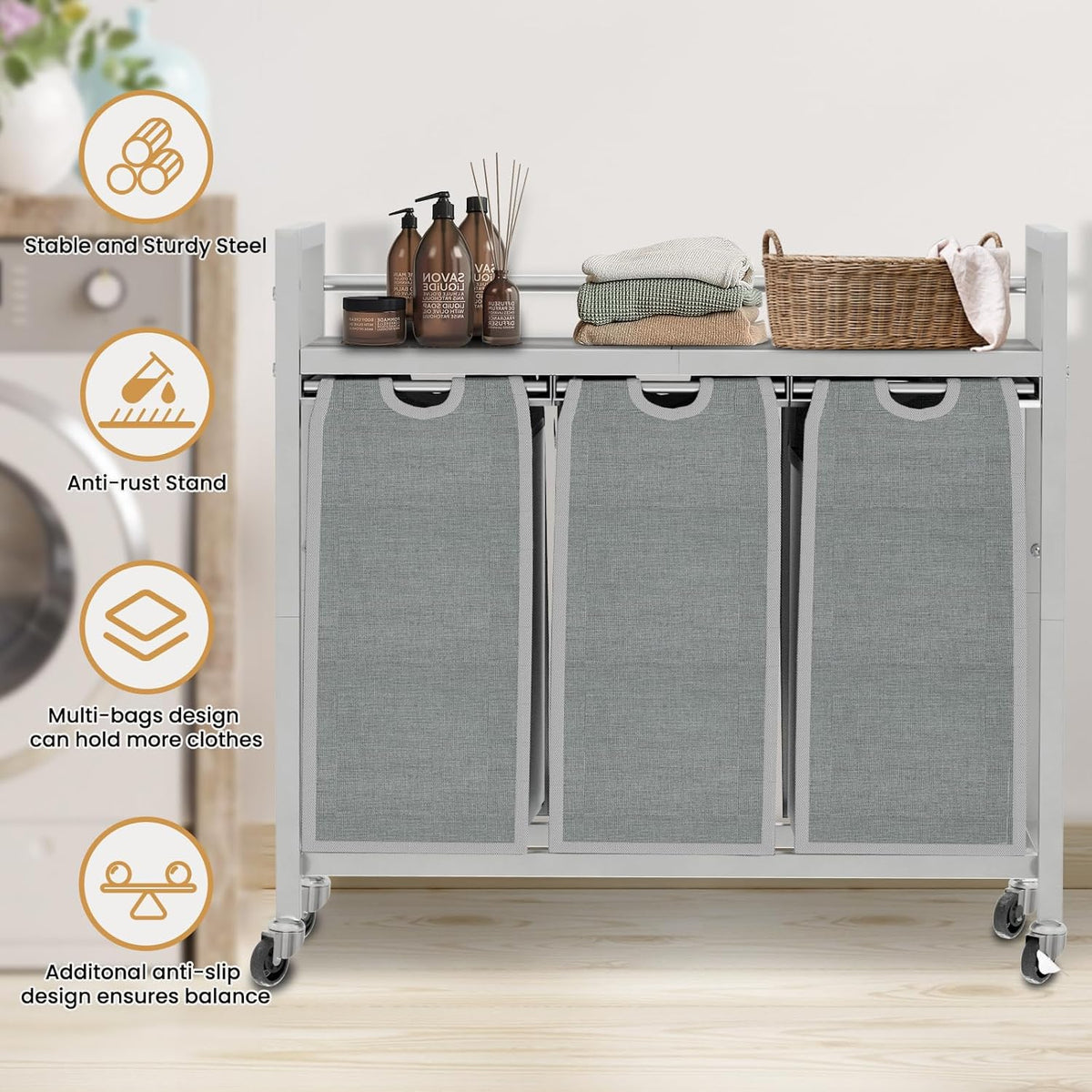 Laundry Hamper, Laundry Basket, Laundry Sorter with 3 Removable Bags, Clothes Basket with 3