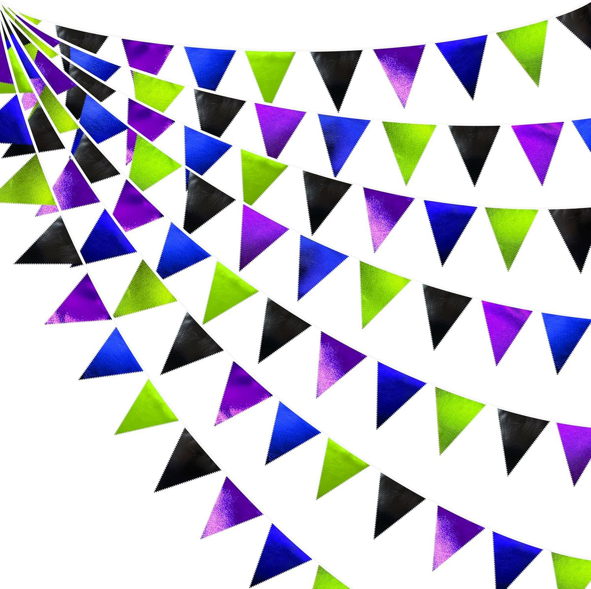 Video Game Party Decorations Black Blue Green Purple Metallic Fabric Triangle Pennant Banner Flag
