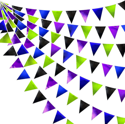 Video Game Party Decorations Black Blue Green Purple Metallic Fabric Triangle Pennant Banner Flag