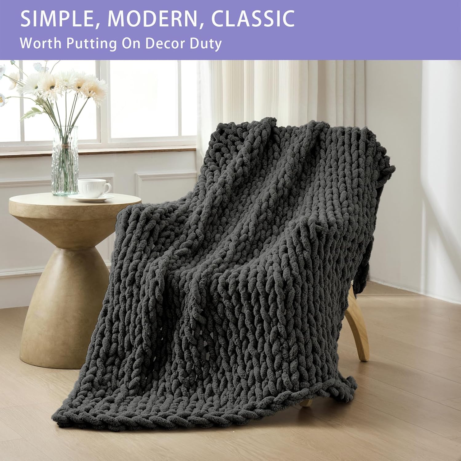 Bigacogo Chunky Knit Throw Blanket for Couch, 80x90 inches, 100% Hand Knitted with Thick Jumbo