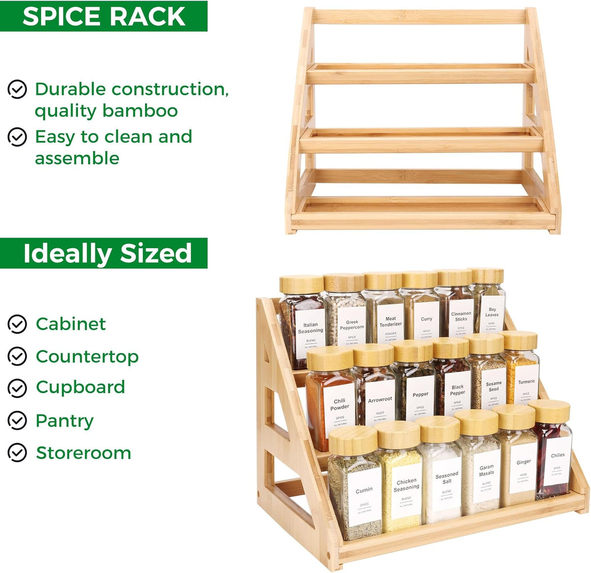 3-Tier Natural Bamboo Spice Rack Organizer - for Kitchen Cabinets, Countertops & Pantries