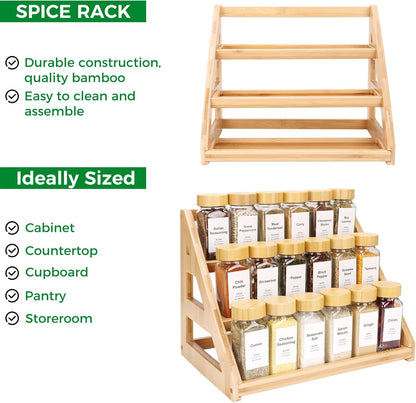 3-Tier Natural Bamboo Spice Rack Organizer - for Kitchen Cabinets, Countertops & Pantries