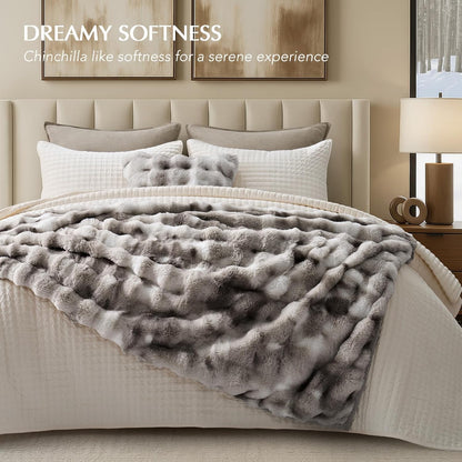 EVERGRACE Ultra Soft Luxury Fluffy Ridgeline Faux Rabbit Fur Throw Blanket, Thick Warm Bubble Throw