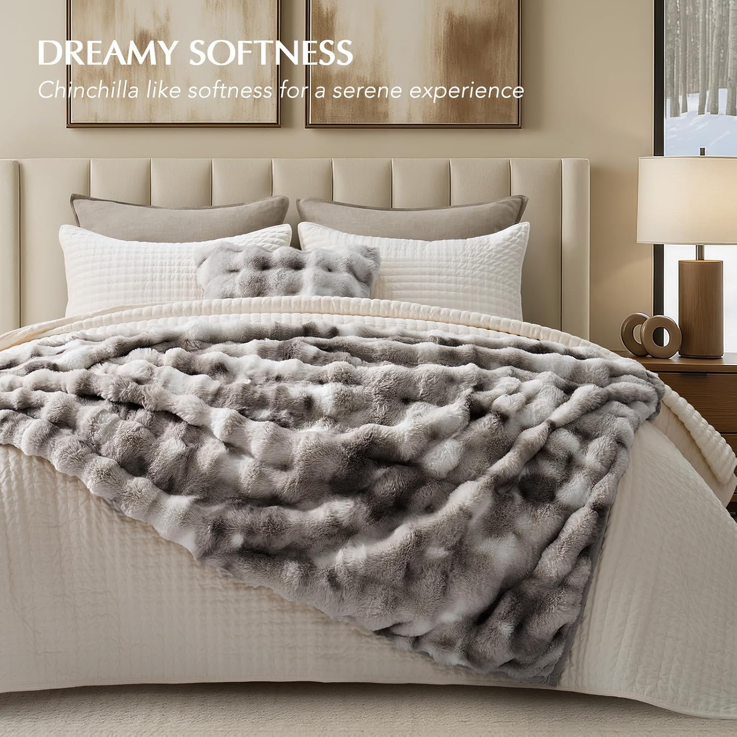 EVERGRACE Ultra Soft Luxury Fluffy Ridgeline Faux Rabbit Fur Throw Blanket, Thick Warm Bubble Throw