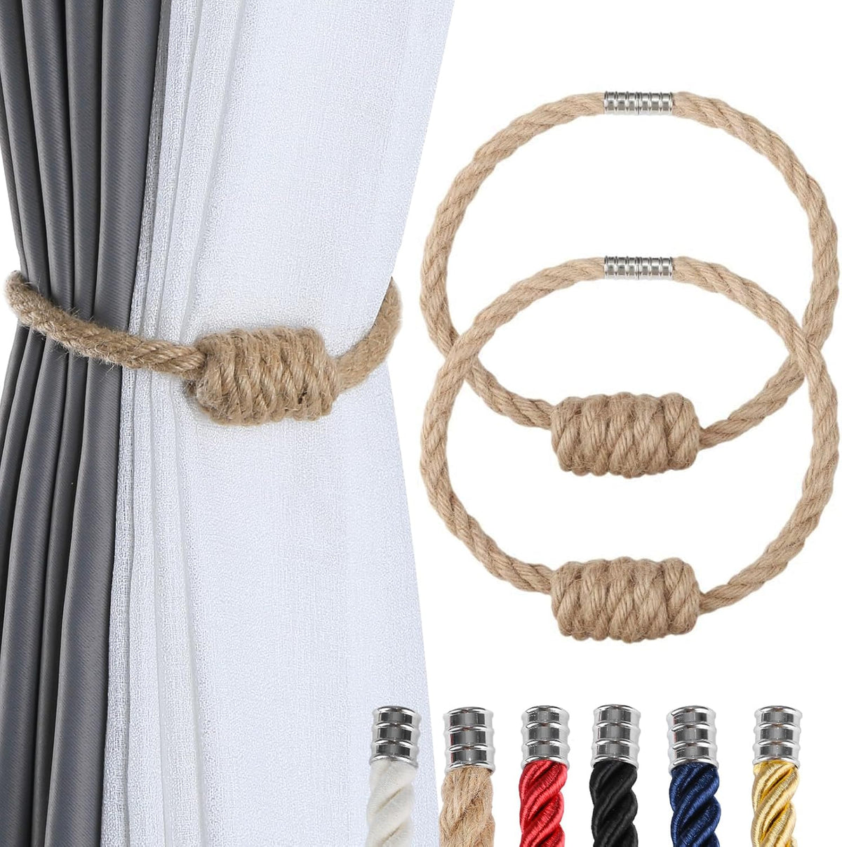 Fenghuangwu 2Pack Magnetic Jute Curtain Tiebacks – Bohemian Style Handmade Woven Tie-Backs for
