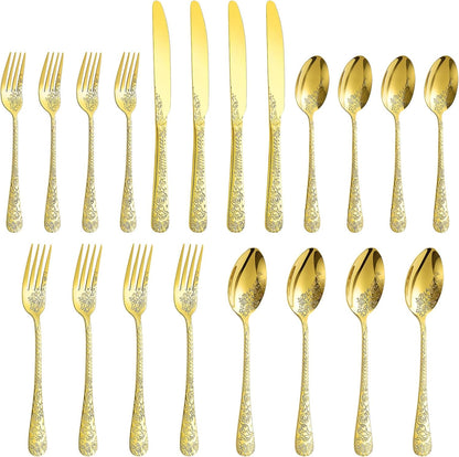 Floral 20 Pcs Gold Silverware Set for 4, Food Grade Stainless Steel Flatware Set with Rose Flower