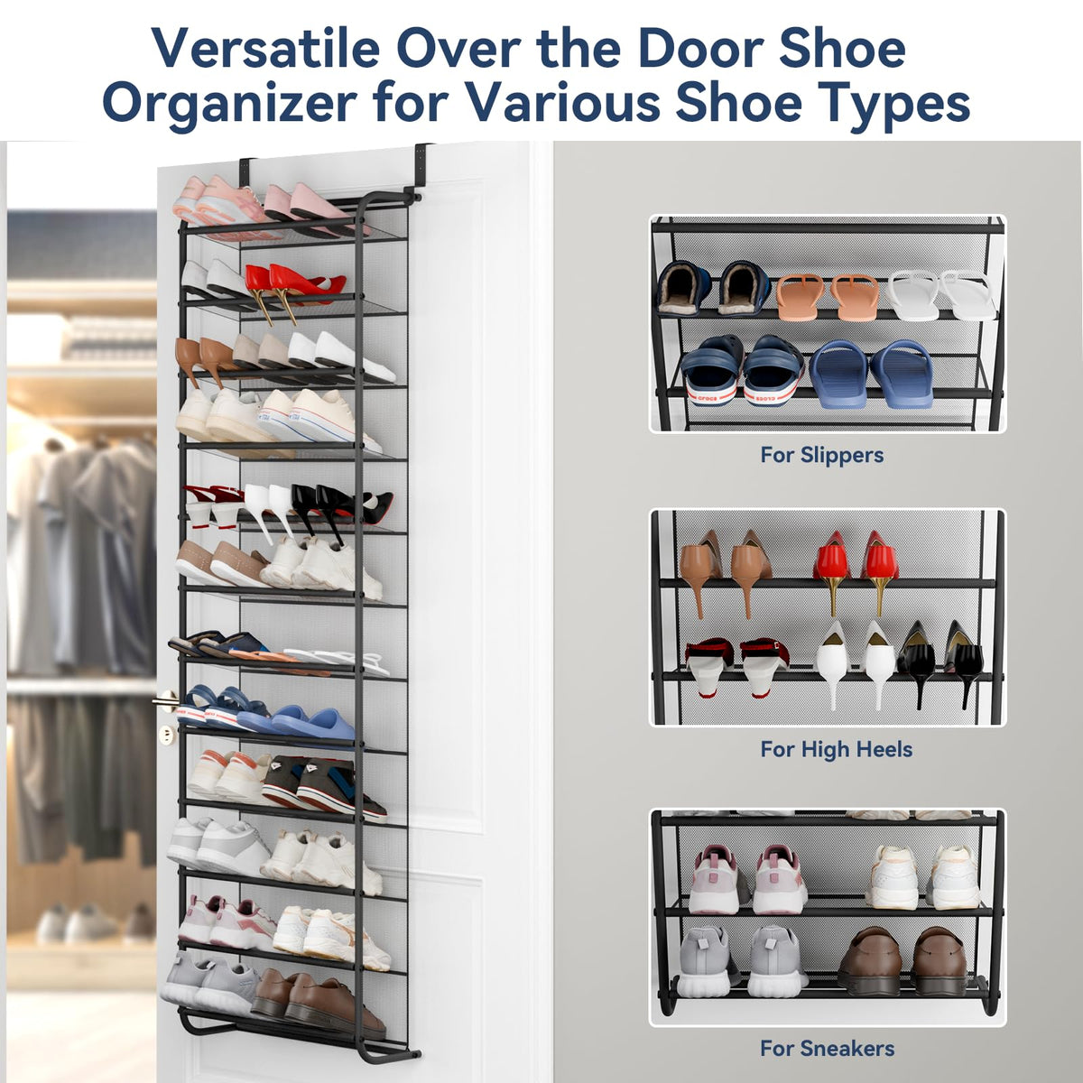 Whitmor 36 Pair Over the Door Shoe Organizer, 12 Tier Hanging Shoe Organizer, Heavy Duty Metal &