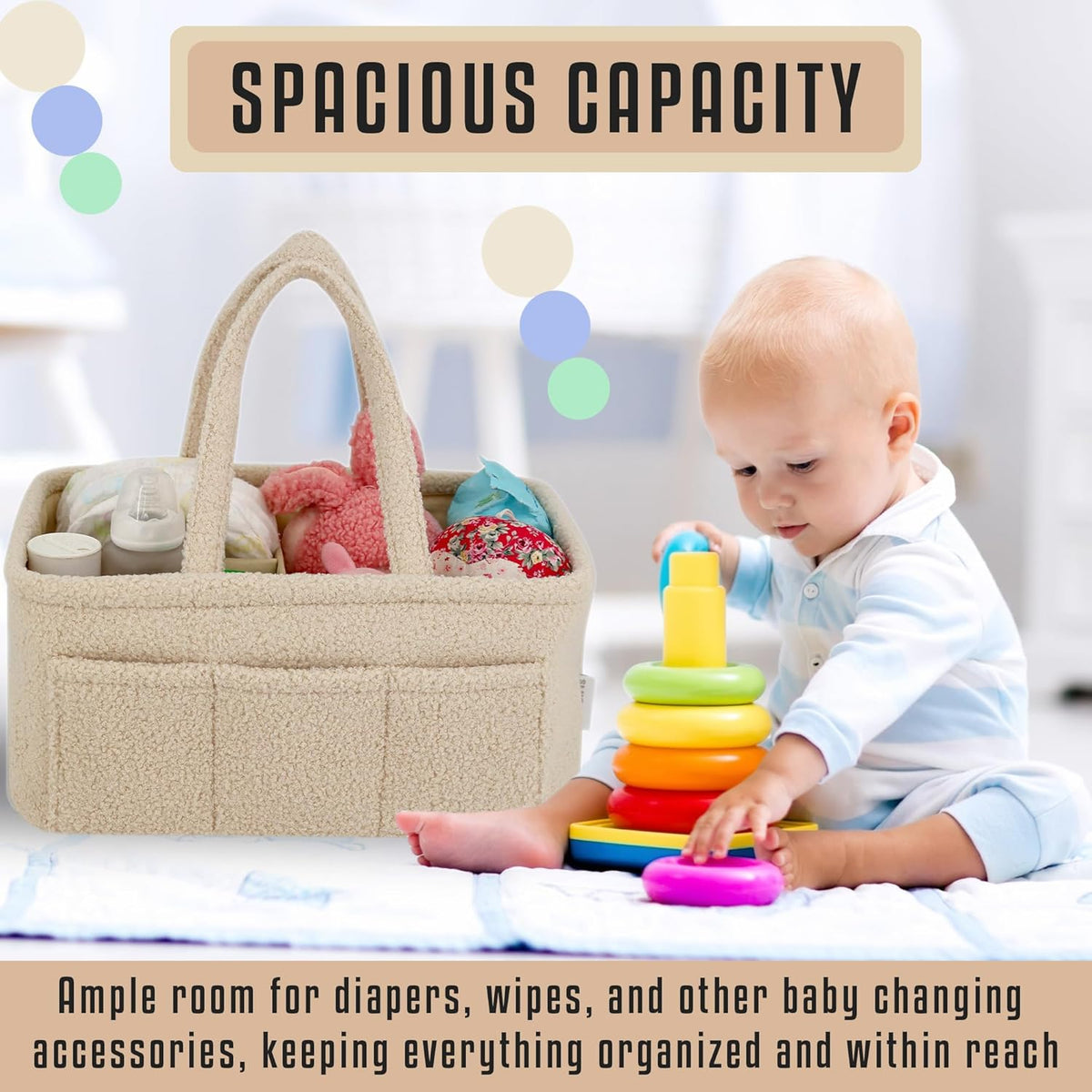 Baby Diaper Caddy Organizer – Soft Beige Sherpa with 3 Removable Compartments & 6 Side Pockets